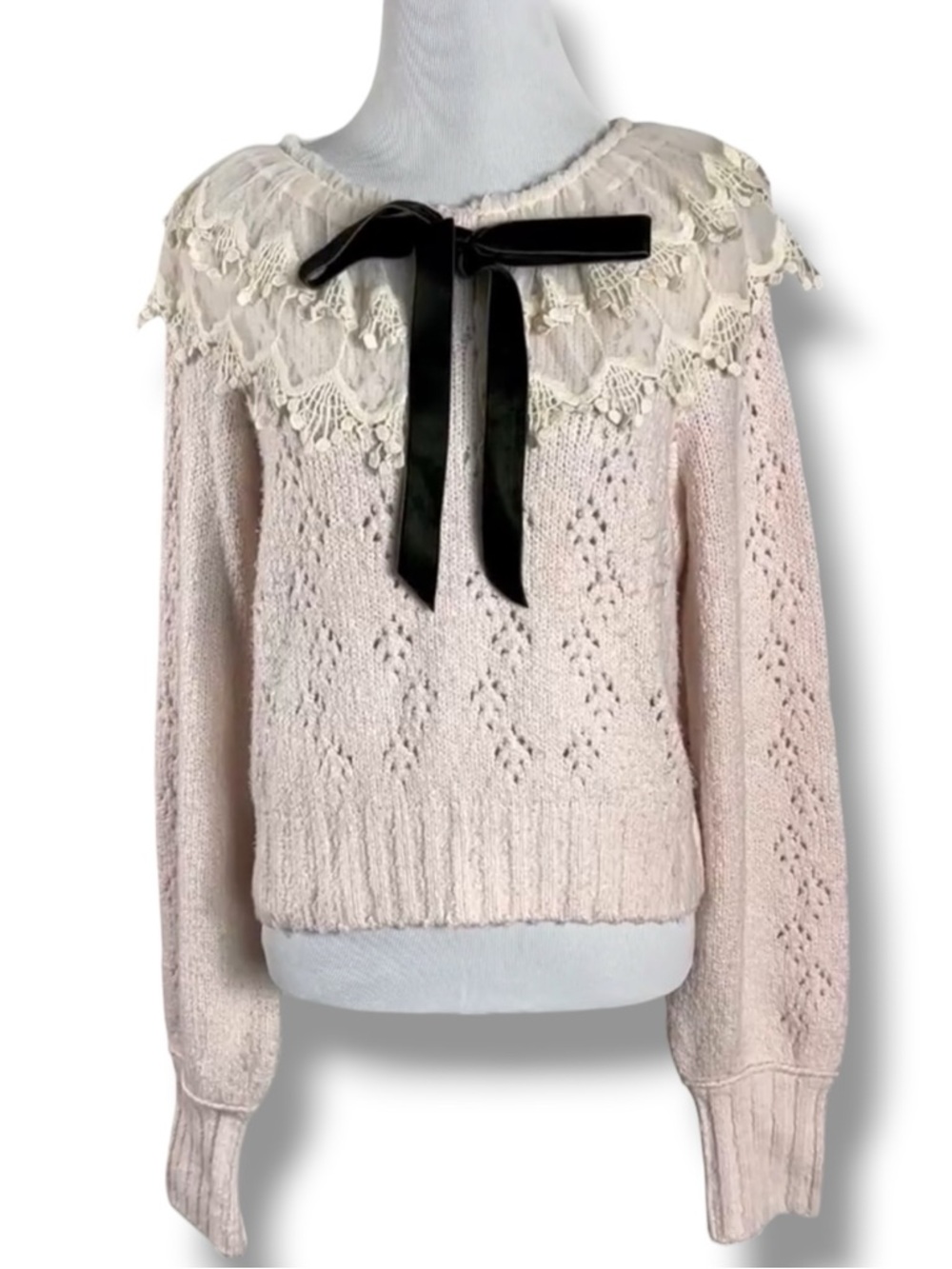 Free People XL Dainty Coquette Lace Collar Hold Me Closer Sweater - Picture 2 of 15